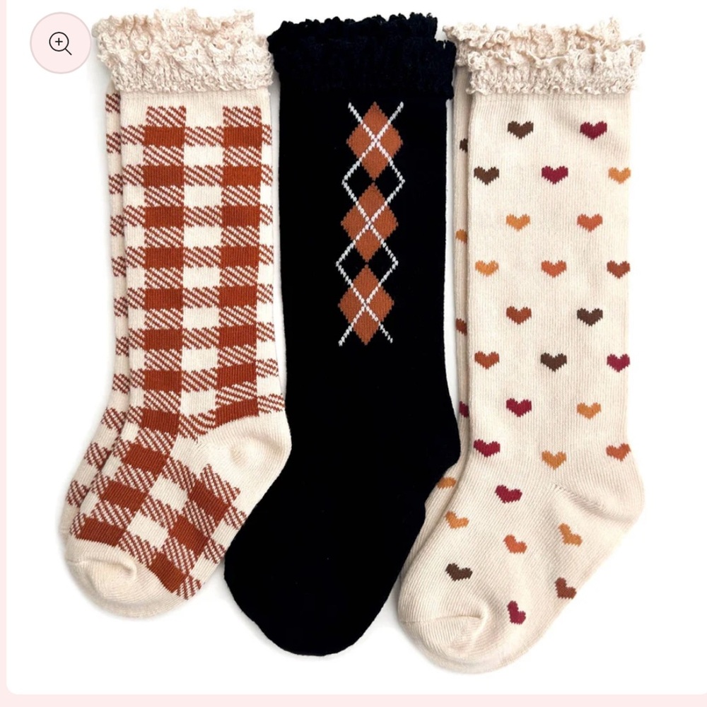 Patterned Knee-High Socks Set - Brown, Black, Cream